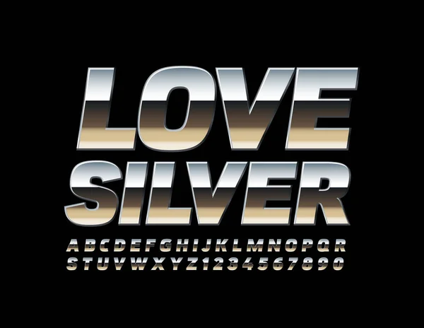 Vector Metallic Logo Love Silver Mit Reflektierender Schrift Buchstaben Und — Stockvektor