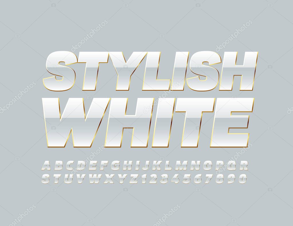 Vector Stylish White and Gold Alphabet Letters and Numbers. Luxury shiny Font
