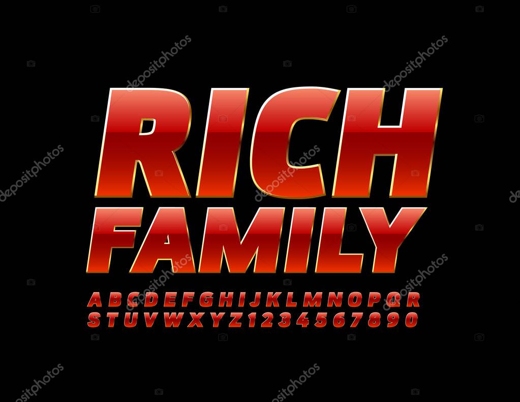 Vector elite logo Rich Family with Red and Golden Font. Luxury Alphabet Letters and Numbers