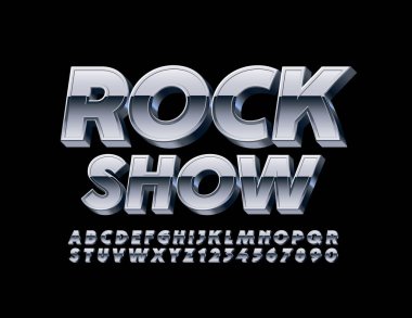 Gümüş 3 boyutlu yazı tipi olan vektör metalik logo rock şovu. Çelik Alfabe Harfleri ve Sayıları.