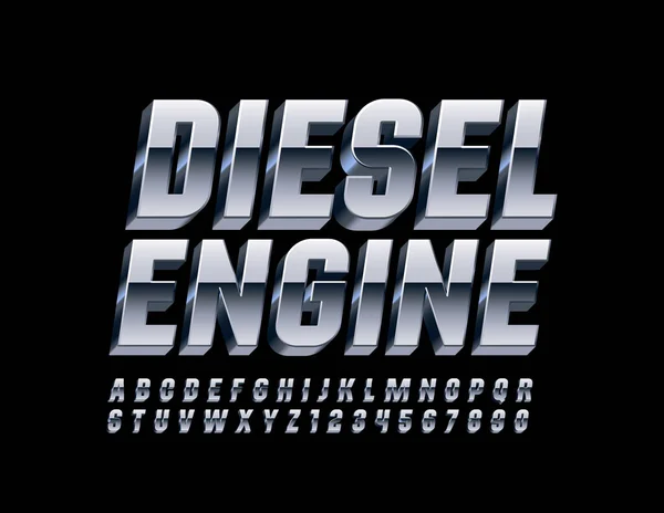 Vektör alüminyum metal sancak Diesel Motor. 3D Krom Yazı Tipi. Platin Alfabe Harfleri ve Sayıları