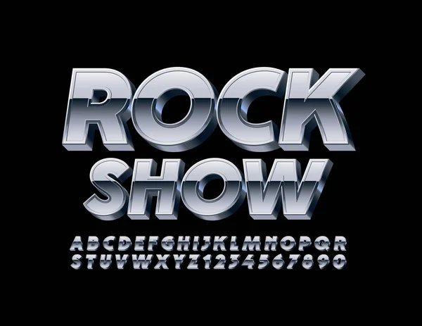 Gümüş 3 boyutlu yazı tipi olan vektör metalik logo rock şovu. Çelik Alfabe Harfleri ve Sayıları.