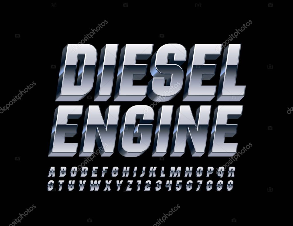 Vector aluminium metal banner Diesel Engine. 3D Chrome Font. Platinum ALphabet Letters and Numbers