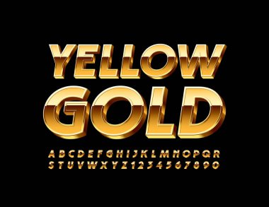 Vektör Sarı Alfabe harfleri ve Sayıları. Zengin 3B Yazıtipi