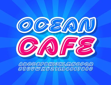 Mavi Parlak Yazı Tipiyle Ocean Cafe. El yazısıyla Alfabe Harfleri ve Sayıları