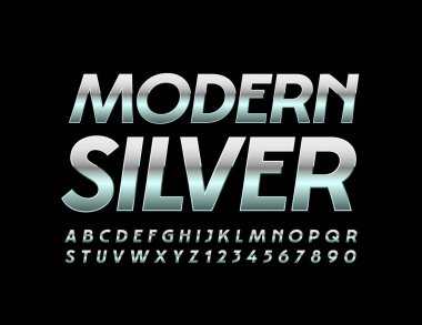 Vector Modern Gümüş Alfabe Harfleri ve Sayıları. Zarif metalik yazı tipi