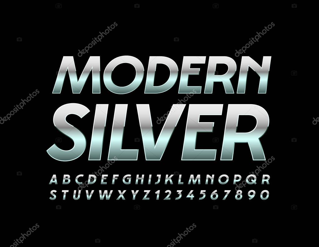 Vector Modern Silver Alphabet Letters and Numbers. Elegant metallic Font