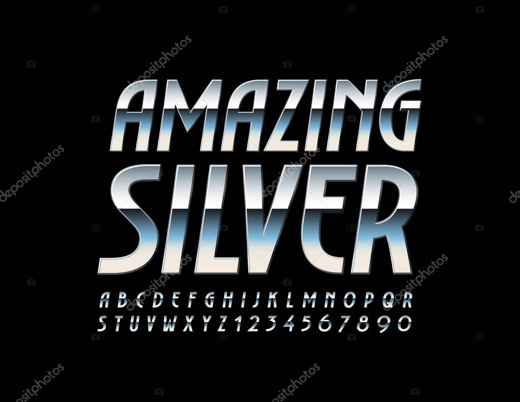 Vector Amazing Silver Alphabet Letters and numbers. Classic Metal Font