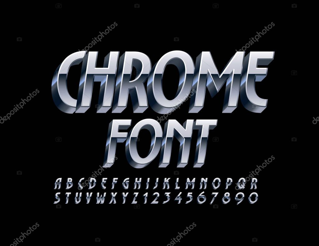 Vector Chrome Font. 3D Metal Font. Silver reflective Alphabet Letters and Numbers