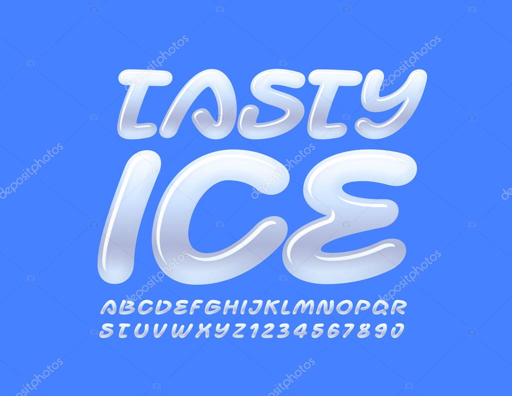 Vector creative sign Tasty Ice with Handwritten Font. Glossy White Alphabet letters and Numbers