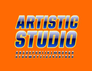 Vektör yaratıcı işaret Sanatsal Stüdyo. Parlak Mavi ve Sarı Yazıtipi. Parlak Alfabe Harfleri ve Sayıları