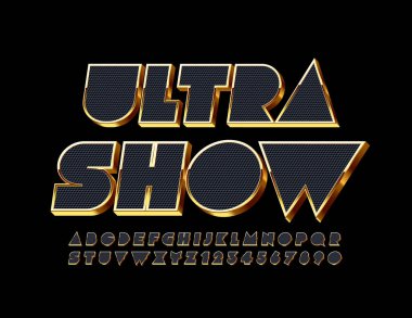 Vektör lüks poster Ultra Show. Yaratıcı şık yazı tipi. Siyah ve Altın 3D Alfabe Harfleri ve Sayıları
