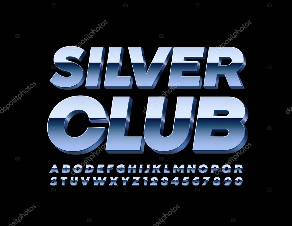 Vector premium logo Silver Club with 3D metallic Font. Chrome Alphabet Letters and Numbers