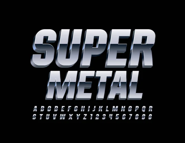 Vector Super Metall Font Cromo Brillante Alfabeto Letras Números Reflectantes — Vector de stock