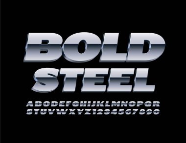 Vector Bold Steel 3D Yazı Tipi. Metal Alfabe Harfleri ve Sayıları