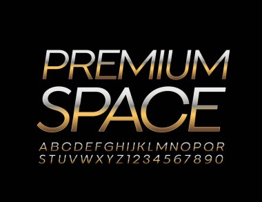 Altın İnce Yazı Tipi olan zarif logo Premium Space. Parlak Şık Alfabe Harfleri ve Sayıları