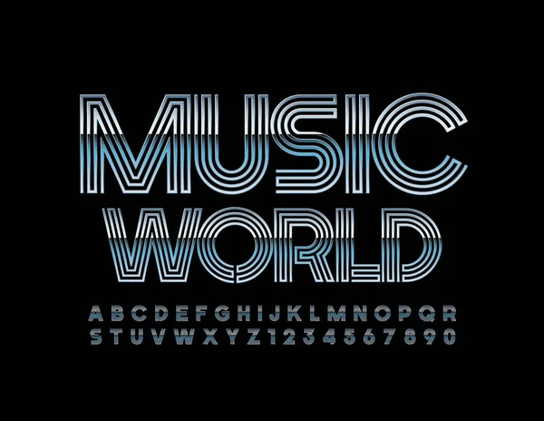 Cartaz Metálico Vetorial Music World Abstract Maze Font Letras Números — Vetor de Stock