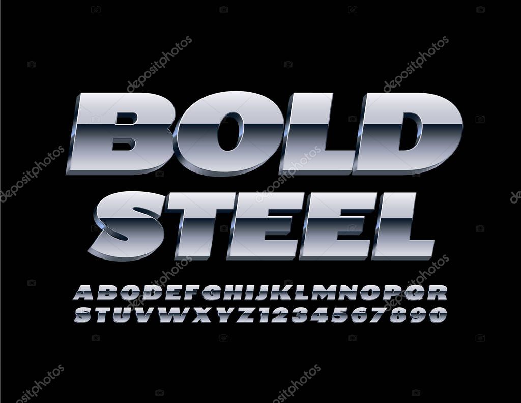 Vector Bold Steel 3D Font. Metal Alphabet Letters and Numbers