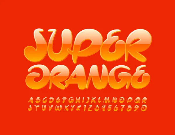 Vector Super Orange Creatief Lettertype Glanzend Artistiek Alfabet Letters Numbers — Stockvector