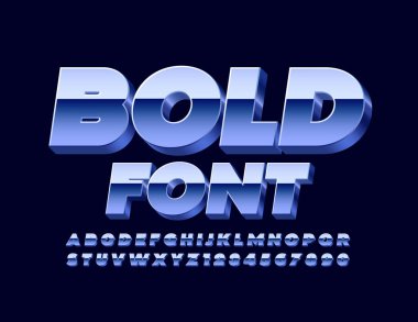 Vektör Kalın Yazı Tipi. Mavi Metalik Yazı Tipi. Modern Yansıtıcı 3D Harfler ve Sayılar