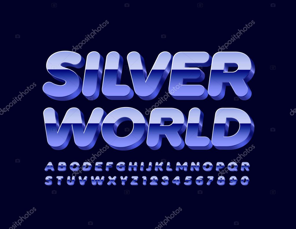 Vector modern sign Silver World with 3D Reflective Font. Blue Metallic Alphabet Letters and Numbers