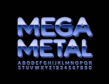 Vektör Mega Metal 3 boyutlu yazı tipi. Krom parlak alfabe. Gümüş Harfler ve Sayılar ayarlandı