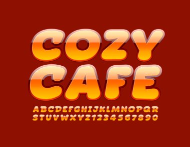 Vektör stili Cozy Cafe amblemi. Parlak, parlak yazı tipi. Sanatsal Alfabe Harfleri ve Sayıları