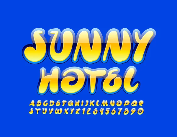 Banner Criativo Vetor Sunny Hotel Com Fonte Azul Amarela Brilhante — Vetor de Stock