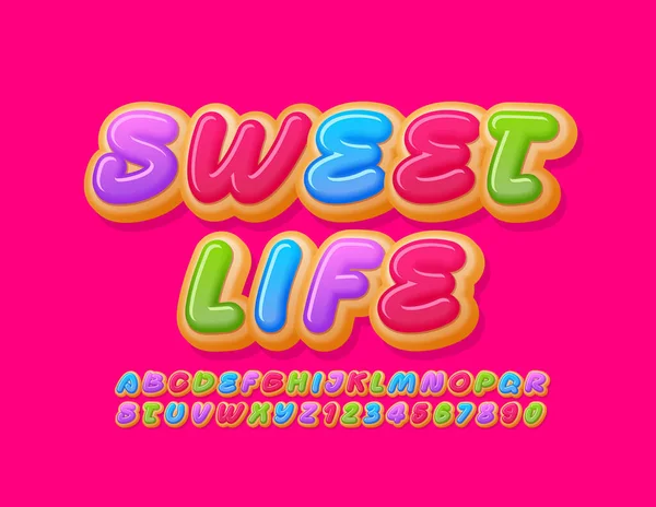 Vecteur Élégant Emblème Sweet Life Bright Tasty Font Alphabet Donut — Image vectorielle