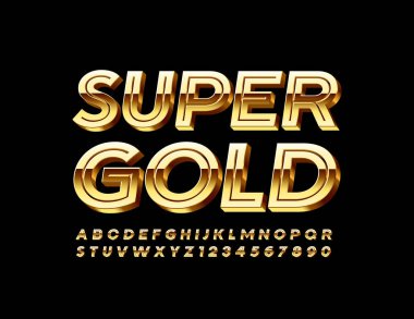 Vektör Süper Altın Parlak Yazıtipi. Yaratıcı Lüks Alfabe. 3D Şık Harfler ve Sayılar kümesi
