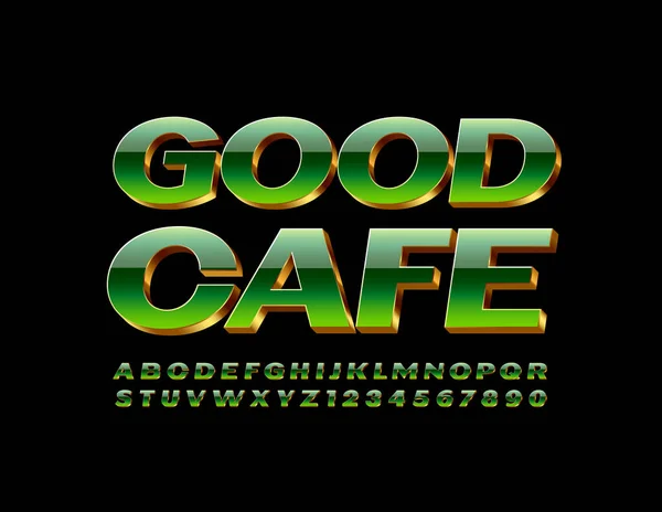 ベクトルエリートエンブレム3Dグリーンとゴールドフォントで良いカフェ 高級光沢のあるアルファベット文字と数字 — ストックベクタ