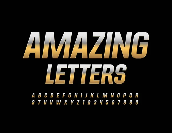 Vector Amazing Alphabet Buchstaben Und Zahlen Gold Und Silber Reflektierende — Stockvektor