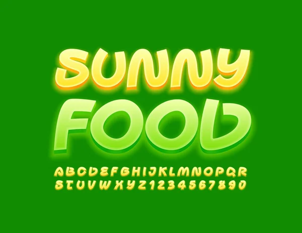 Emblema Luminoso Vettore Sunny Food Font Giallo Incandescente Illuminazione Creativa — Vettoriale Stock