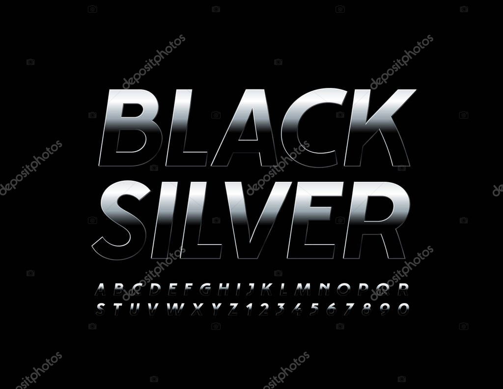 Vector Black Silver modern Font. Industrial Metal Font. Reflective gradient Alphabet Letters and Numbers