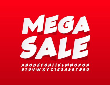 Vektör tanıtım pankartı Mega Satış. Beyaz etiket yazı tipi. Kağıt biçimi Alfabe Harfleri ve Sayıları