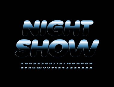 Metal Yansıtıcı Yazıtipli Vektör Gece Şovu. Koyu Gümüş Alfabe Harfleri ve Sayıları