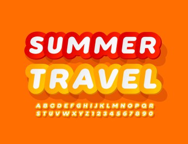 Parlak logo Yaz Seyahati. Çıkartma Biçimi Yazıtipi. Sarı güneşli Alfabe Harfleri ve Sayıları