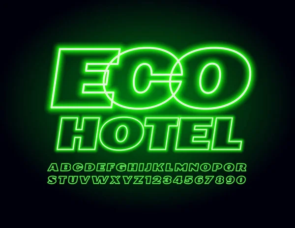 Emblema Verde Vettoriale Eco Hotel Con Carattere Moderno Incandescente Lettere — Vettoriale Stock