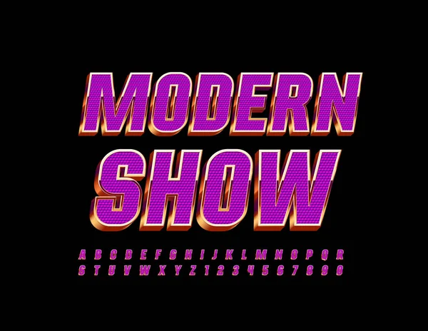 Modern Şov 'un eğlence broşürü. Mor ve Altın Çekici Yazı Tipi. Şık Alfabe Harfleri ve Sayıları