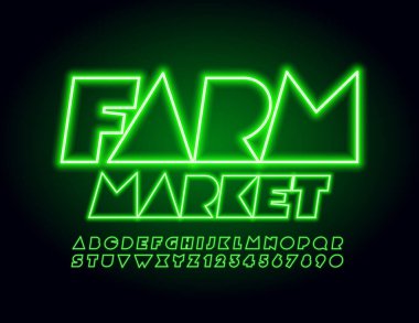 Vektör yaratıcı pankart Farm Market. Yeşil Neon Yazı Tipi. Soyut elektrik alfabesi harfleri ve sayıları