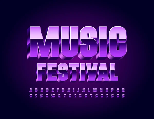 Vector Entertainment Banner Music Festival Reflective Violet Font Metallic Alphabet — Stock Vector
