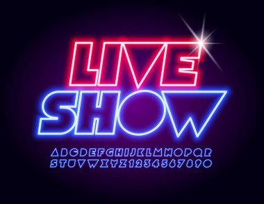 Vector Parlak Poster Canlı Show. Soyut Neon Yazı Tipi. Mor Parlak Alfabe Harfleri ve Sayıları