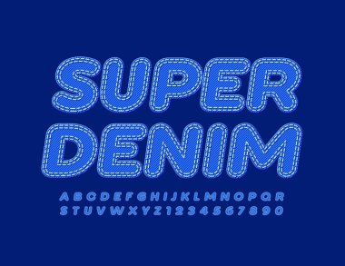 Vektör Süper Denim Alfabesi ayarlandı. Blue Jeans Yazı Tipi. Dikişli Tekstil Harfleri ve Numaralar