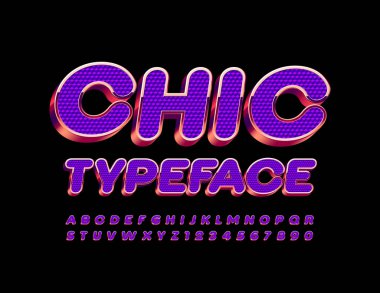Vektör Şık yazı tipi. Altın ve Mor 3 boyutlu yazı tipi. Cazibeli Alfabe Harfleri ve Sayıları