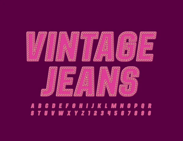Vector Pink Denim Emblem Vintage Jeans Stitched Fabric Font Bright — Stock Vector