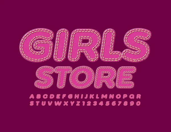 ベクトルデニム魅力ロゴ女の子店ピンクジーンズフォントで ステッチ生地アルファベット文字と数字 — ストックベクタ