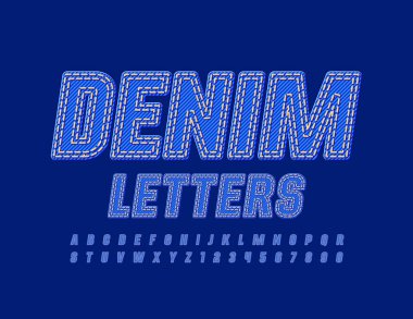 Mavi Vektör Denim Alfabe Harfleri. Kot dikişli yazı tipi. Tekstil Sayıları kümesi.