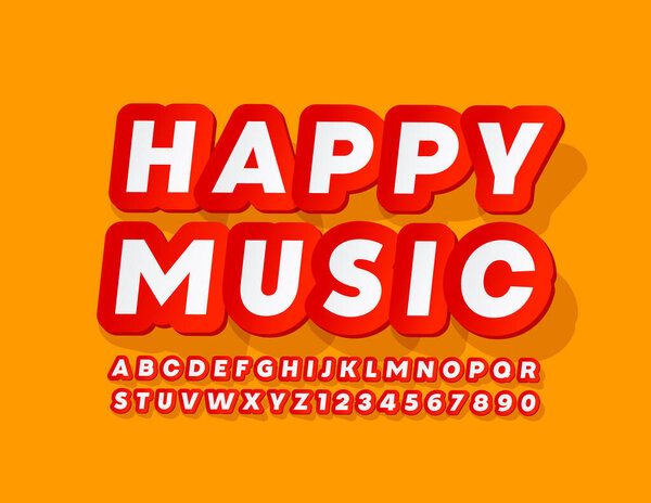Vector bright poster Happy Music. Red and White creative Font. Sticker style Alphabet Letters and Numbers