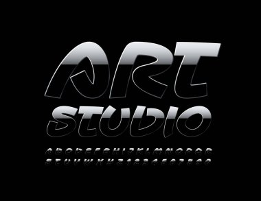 Vektör yansıtıcı işaret Art Studio. Gradyan el yazısı yazı tipi. Koyu Metal Alfabe Harfleri ve Sayıları