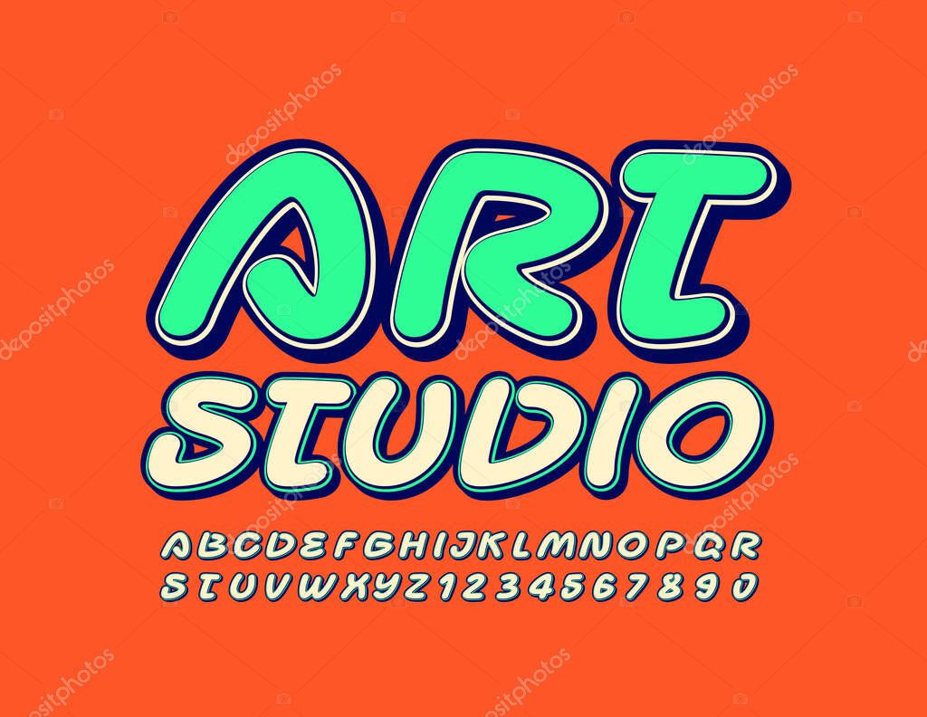 Vector creative emblem Art Studio. Retro Style Font Handwritten trendy Alphabet Letters and Numbers